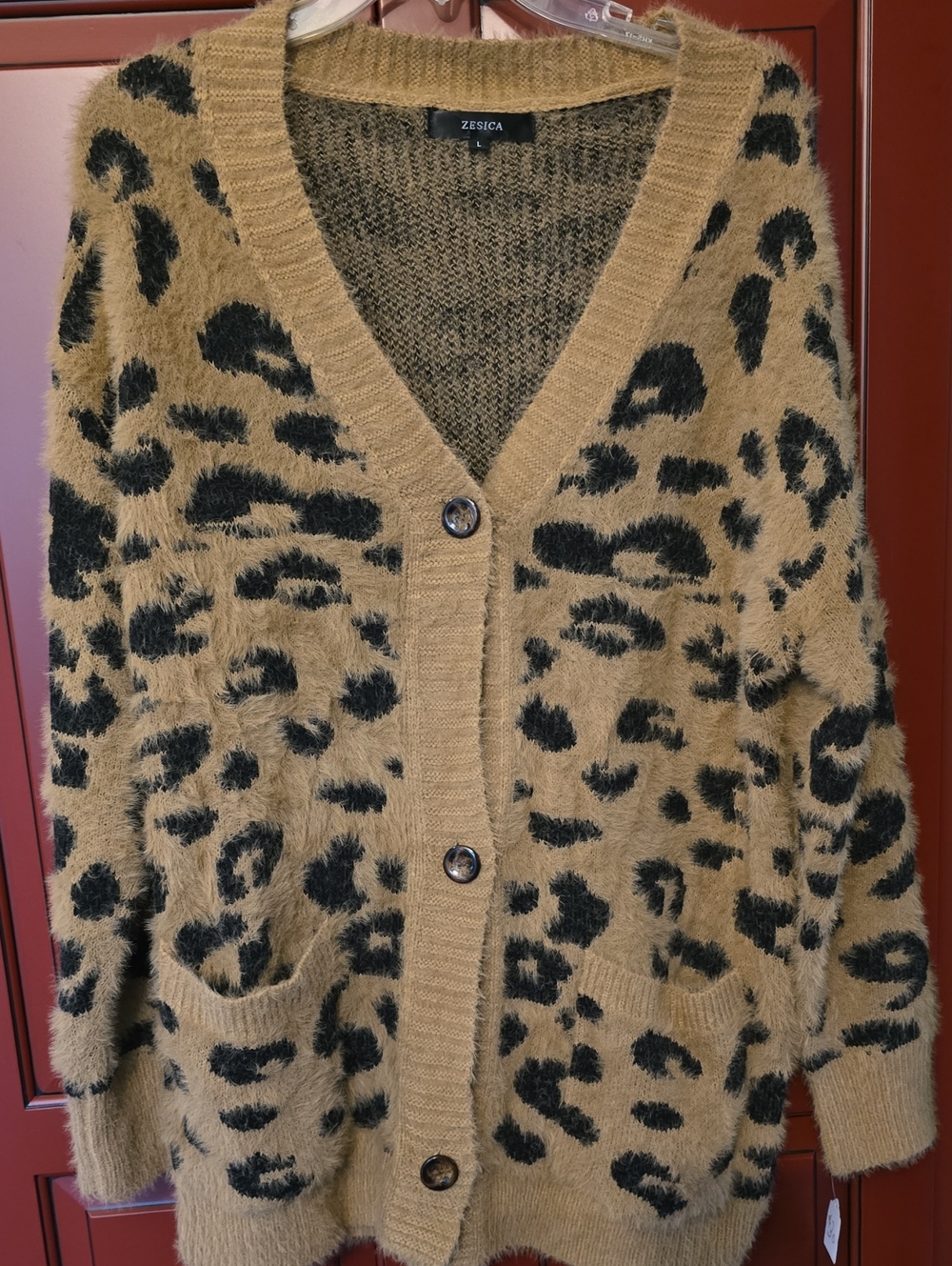 Zesica Tan & Black Leopard Fuzzy Button-Front Cardigan